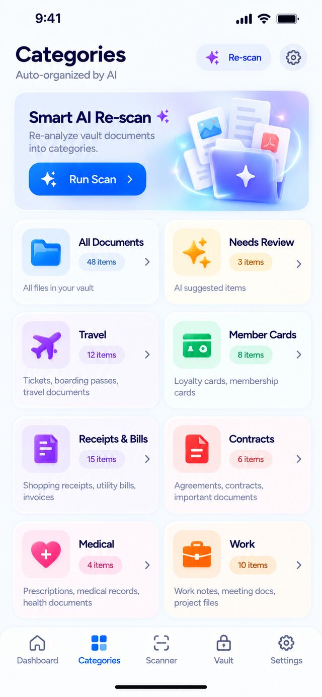 DocuNeat Categories screen showing AI-organized Travel, Member Cards, Receipts and Contracts