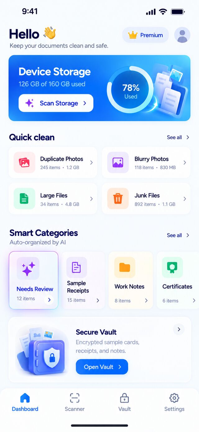 DocuNeat dashboard showing device storage usage, Scan Storage button and Quick clean categories