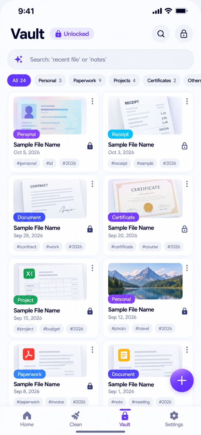 Unlocked Vault showing encrypted personal documents, receipts, contracts and certificates